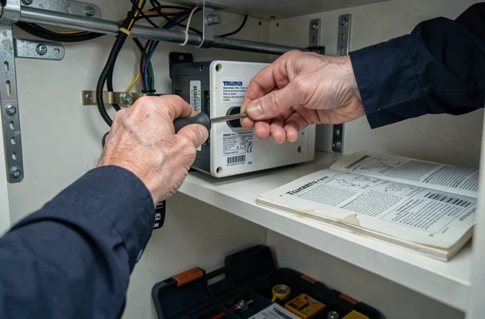 Mains d'un technicien accédant au panneau arrière d'un thermostat Truma cp plus pour diagnostic
