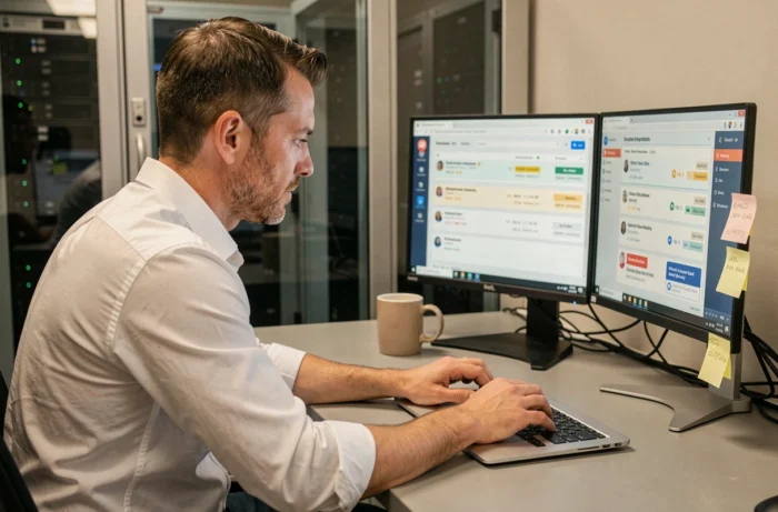 IT technician managing incident tickets in real-time on a digital interface in a professional helpdesk environment
