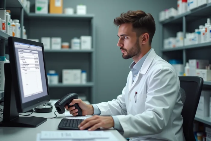 Technicien de pharmacie scannant le code CIP d'une boîte de médicament avec un lecteur de codes-barres relié à un ordinateur en arrière-officine