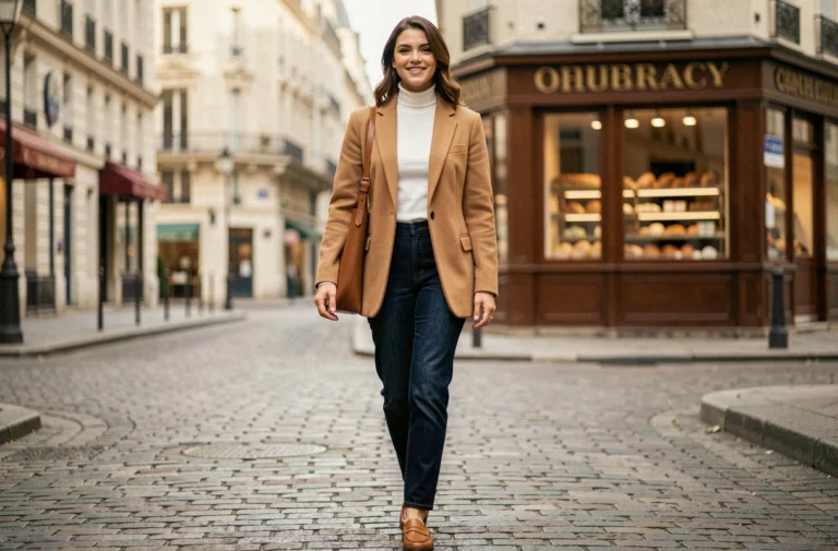 Femme élégante en blazer camel et jean indigo marchant dans une rue pavée parisienne, style mode quotidien tendance