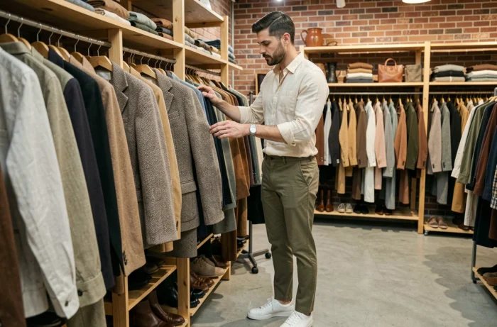 Homme stylé en chemise en lin et chino olive explorant une boutique de vêtements vintage, tendances mode masculine