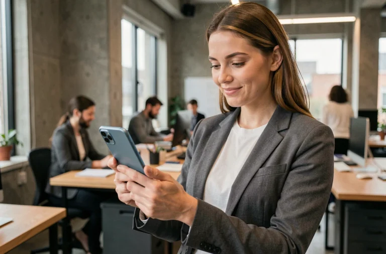 Femme découvrant un smartphone pliable dans un espace de travail technologique moderne en 2024
