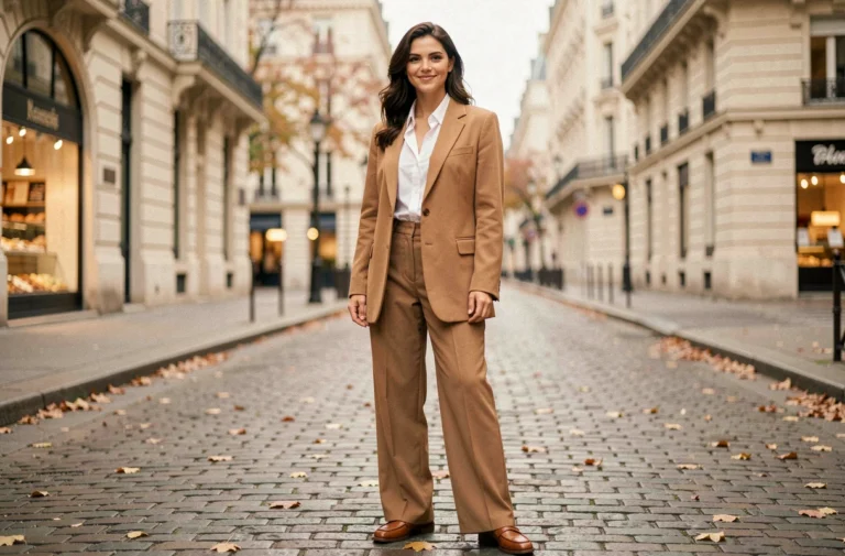 Femme portant un blazer camel oversize et un pantalon large sur une rue pavée parisienne en automne, style tendance mode saison