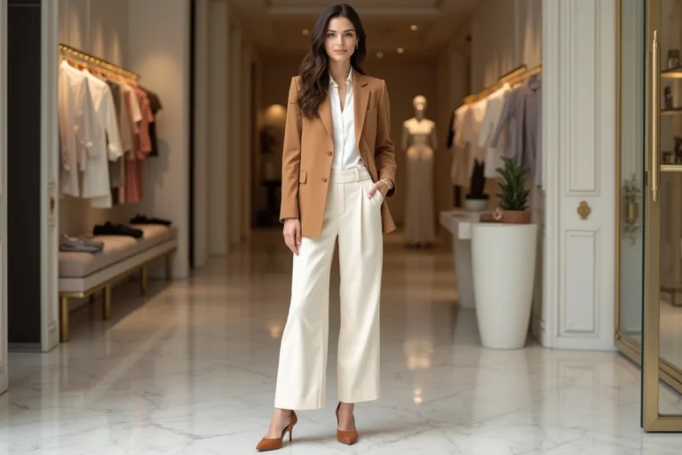 Femme stylée en blazer camel et pantalon large ivoire dans une boutique de mode chic parisienne aux finitions en marbre et laiton