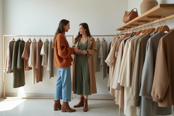 Deux femmes parcourant un portant de vêtements tendance dans un concept store minimaliste aux murs blancs et au sol en terrazzo