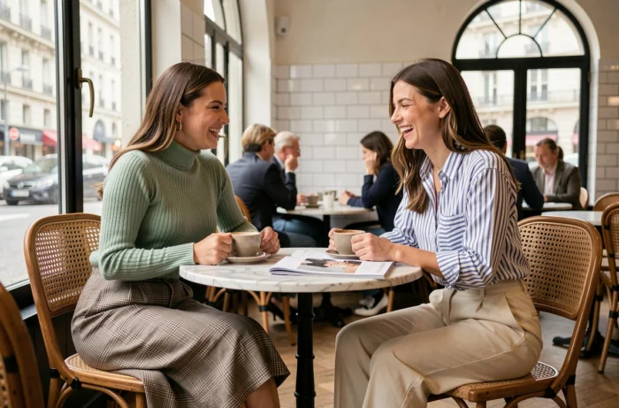 Deux femmes élégamment habillées discutant mode autour d'un café dans un bistrot parisien moderne, tendances style féminin