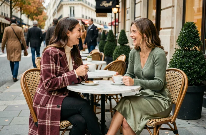 Due donne eleganti in abiti alla moda autunno-inverno sedute a un tavolo in una terrazza di caffè parigina, cappotto a scacchi e gonna di raso