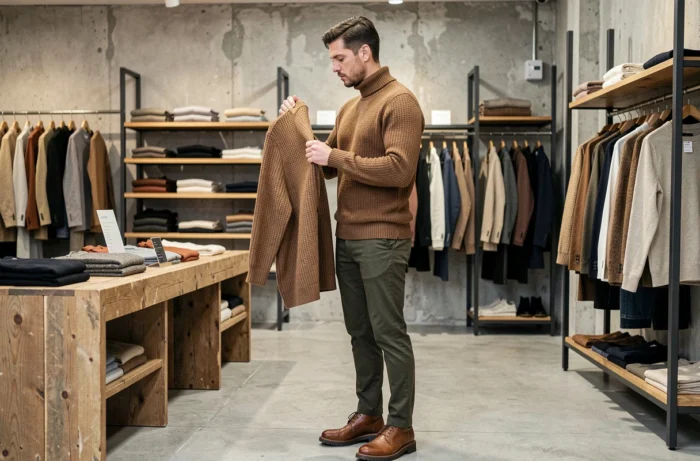 Uomo in maglione a collo alto in maglia e pantaloni oliva che esplora le tendenze moda in un negozio concept store moderno