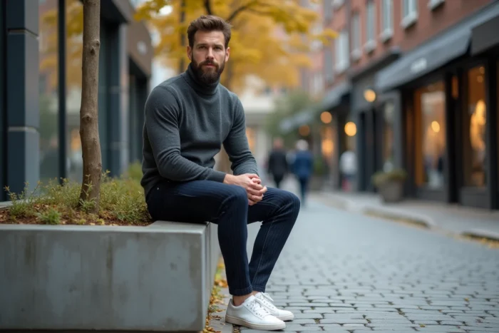 Homme tendance en col roulé charcoal et pantalon marine rayé assis sur un muret de rue pavée dans un quartier mode urbain