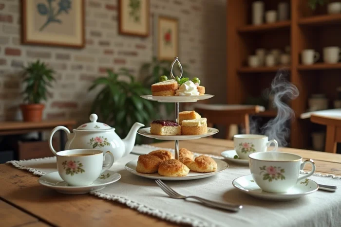 Table de thé britannique traditionnelle avec théière en porcelaine, scones et crème, dans un salon de thé rustique