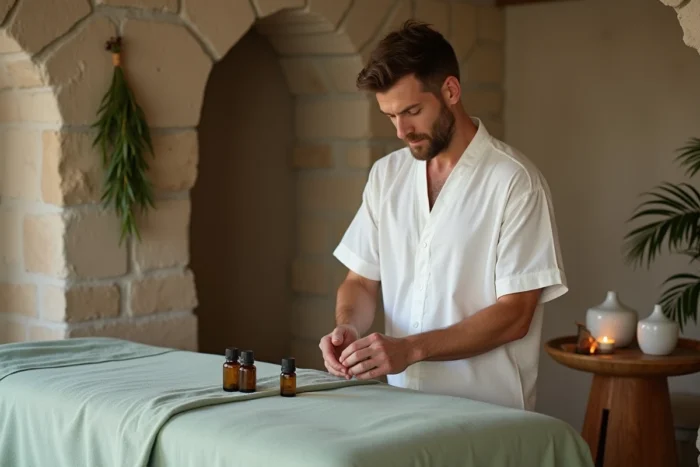 Thérapeute professionnel préparant une table de massage dans un studio parisien aux murs en pierre