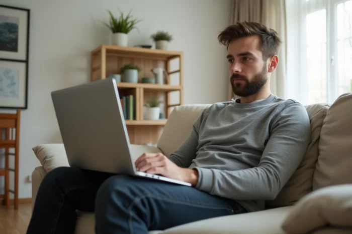 Homme participant à une séance de thérapie en ligne depuis son appartement au Luxembourg