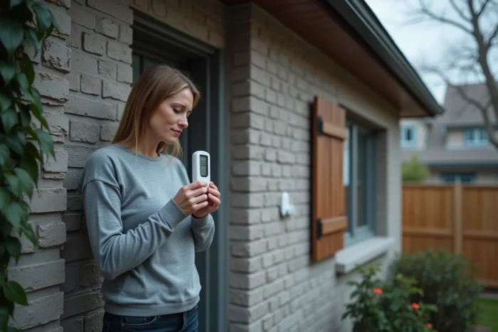 Femme installant un thermomètre numérique sur le mur extérieur ombragé d'une maison en briques