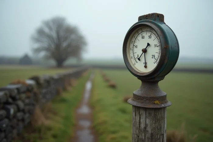 Gros plan d'un thermomètre extérieur classique fixé sur un poteau en bois dans un environnement rural