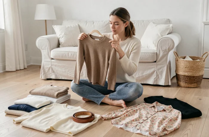 Jeune femme évaluant des vêtements d'occasion à la maison, conseils pour trier et choisir des habits de seconde main