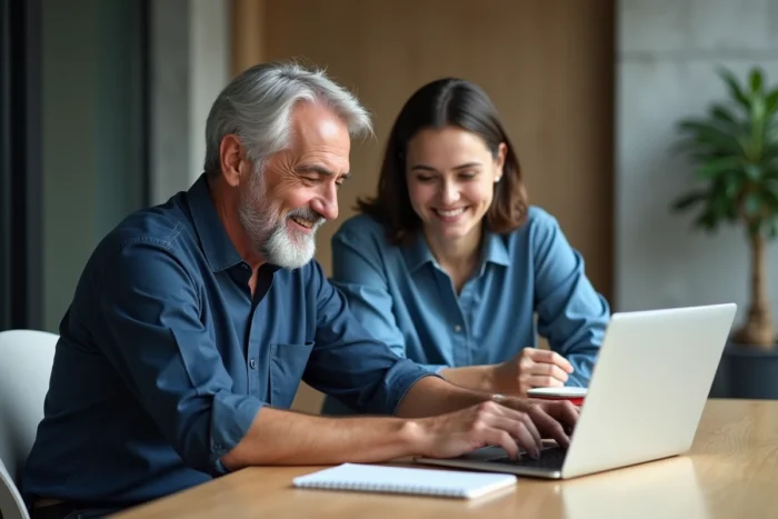 Tuteur et stagiaire collaborant sur la rédaction d'une appréciation de stage sur ordinateur portable