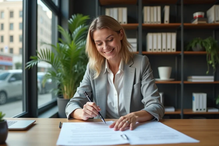 Tutrice professionnelle rédigeant une appréciation de stage à son bureau avec des documents d'évaluation