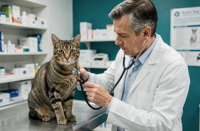 Vétérinaire examinant un chat tigré sur une table d'examen dans une clinique vétérinaire moderne