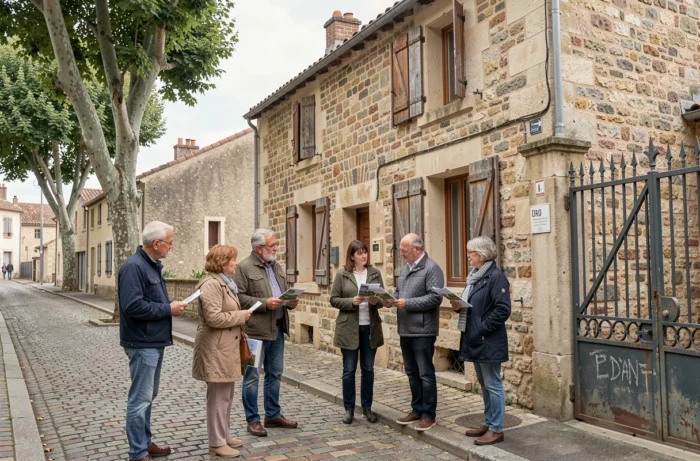 Visiteurs inspectant une maison mise en vente aux enchères immobilières en France