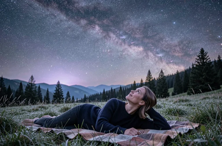 Femme allongée dans un pré de montagne contemplant la voie lactée lors d'un voyage astronomique en pleine nature